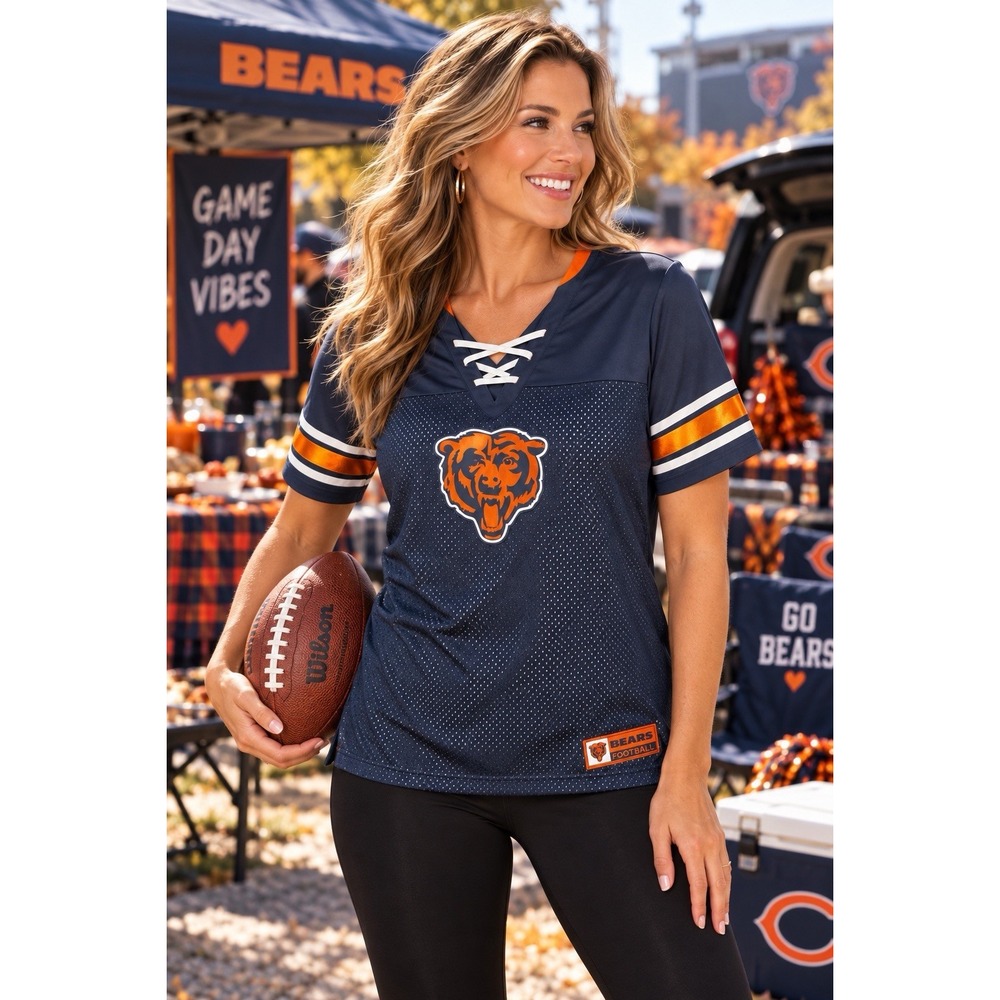 Chicago Bears NFL Team Apparel Womens Large Lace Up Mesh Jersey Navy NWOT
